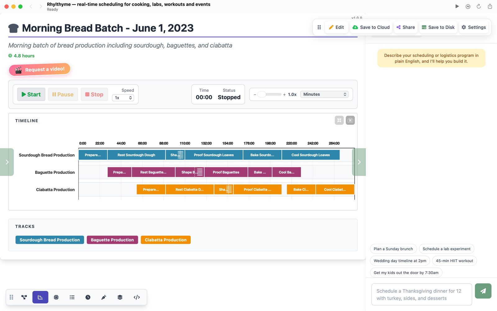 macOS app timeline view of a bread production batch